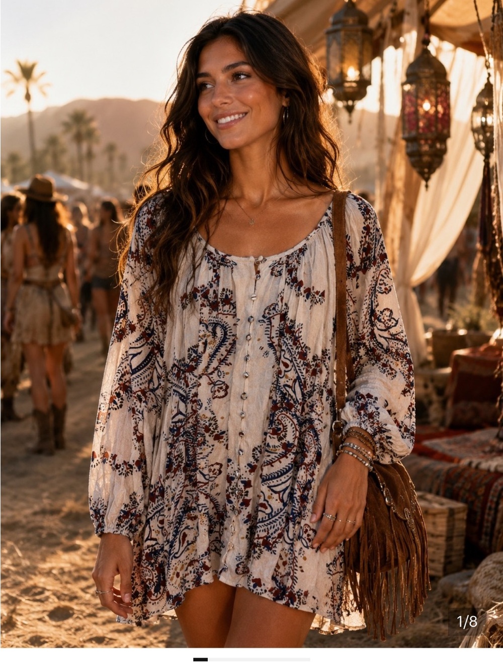 Free People Cream Paisley Button-Front Boho Mini Dress